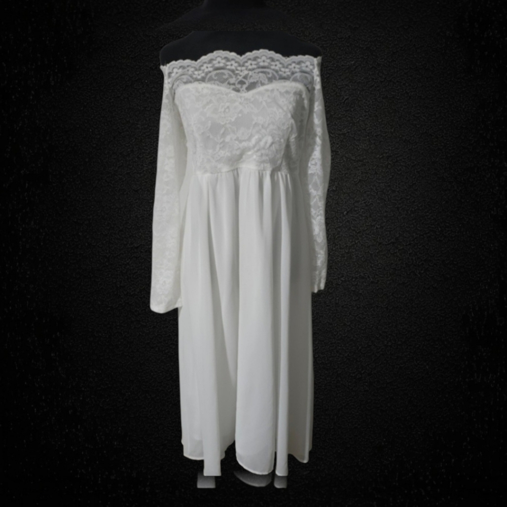 Womens Special Ocasion, Wedding Baby Shower, White Lace  Off-Shoulder Midi Dress